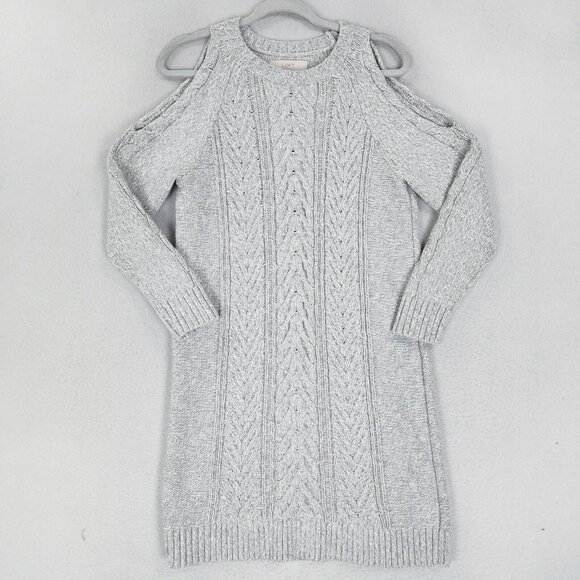 Ann Taylor LOFT Dress Womens Large Gray Cable Knit Cold Shoulder Sweater Knit - Picture 1 of 10